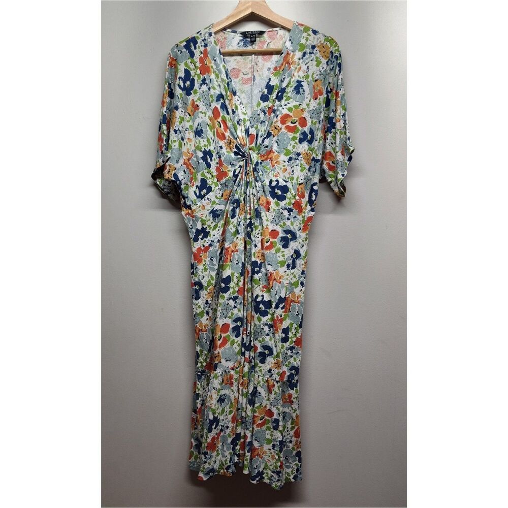 Lauren Ralph Lauren Midi Dress Women XL White Floral Short Sleeve Twist Front